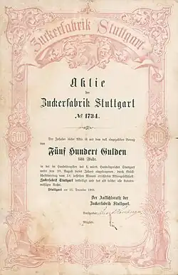 Aktie der Zuckerfabrik Stuttgart über 500 Gulden von 1868
