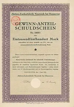 Schuldschein der „Aktien-Zuckerfabrik Neuwerk bei Hannover“, ausgegeben 1921