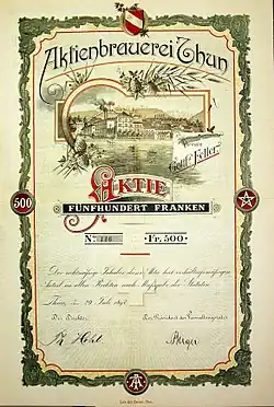 Sammelgebiet Brauereien: Aktie der Aktienbrauerei Thun vom 29. Juli 1897