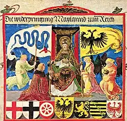 Albrecht Altdorfer: Triumphzug Kaiser Maximilians, Szene: Die Widerpringung von Mayland zum Reich, um 1513–1515: Kaiser Maximilian mit Reichsbanner und Wappen (das zweite Banner ist das der Visconti von Mailand)