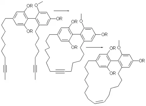 Turrian-Synthese. 1: Alkinmetathese, 2: Reduktion am Lindlar-Katalysator, PMB = para-Methoxybenzyl-Schutgruppe. Mikrowellenreaktion, die zwischen 5&nbsp;min und 6&nbsp;h dauert.