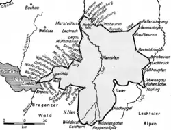 Kombinierte Karte mit weiteren Landschaften anhand des Buches Wegweiser für Wanderer im Algäu, Lechthale und Bregenzer­walde von Philipp Jakob Karrer (1847)