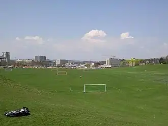 Grosse Grünfläche mit mehreren nebeneinanderliegenden Fussballfeldern, im Hintergrund mehrgeschossige Gebäude