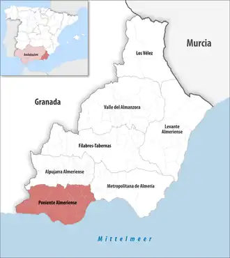Die Lage der Comarca Poniente Almeriense in der Provinz Almería