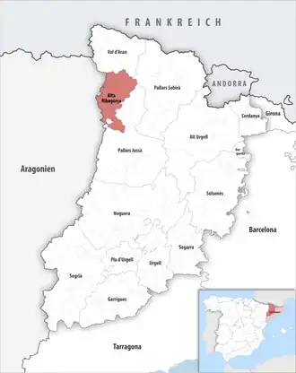 Die Lage der Comarca Alta Ribagorça in der Provinz Lleida