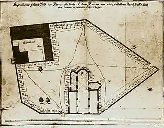Ansicht des Friedhofes und des Grundrisses vom Maternihospital