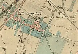 1872: Eiswerk bei Altmannsdorf, dunkelgrüne Flächen bedeuten Gärten