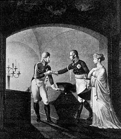 Friedrich Wilhelm III. mit Königin Luise und Alexander am Sarg Friedrichs II. (1806)