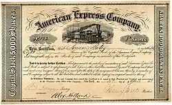 Aktie der American Express Company, ausgestellt am 30. April 1853, im Original unterschrieben von Henry Wells als Präsident und von William C. Fargo als Sekretär. Gründungsemission: Das Grundkapital von 500.000 $ war eingeteilt in 5.000 shares à 100 $.