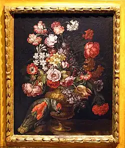 Blumenvase mit Papagei, signiert und datiert „And. de Scacciatis Florentinus Civis faciebat 1700“, Museo civico, Prato