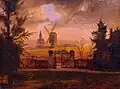 Landschaft mit Kirche von Schwarzrheindorf, Gemälde von Andreas Achenbach, 1839