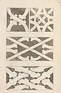 Vier verschiedene „Creutzzüge“ zur Füllung von Brüstungsgefachen nach Johann Wilhelm (1688[9]), links oben ein klassisches gebogenes Andreaskreuz mit Nasungen