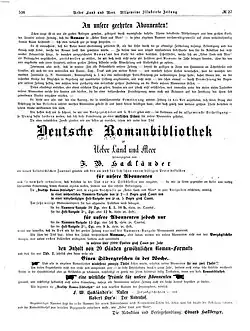 Ankündigung der Deutschen Romanbibliothek in Über Land und Meer, 1873.