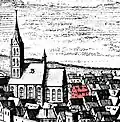 Matthäus Merian: Ansicht von 1650 mit Marienkirche und rotmarkierten gotischem Giebelhaus