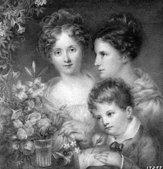 Ann Hall, die Schwester Eliza Hall Ward und der Neffe Henry Hall Ward, 1828. Elfenbeinminiatur, 10,8 × 10,8 cm. The New York Historical, New York City