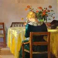 Interieur mit der Tochter der Malerin, Helga, nähend, circa 1890