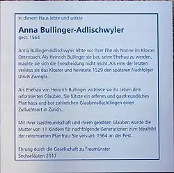 Gedenktafel von Anna Bullinger-Adlischwyler am Zwingliplatz 4 in Zürich.