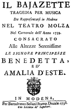 Anonym – Il Bajazette – Titelseite des Librettos – Modena 1738