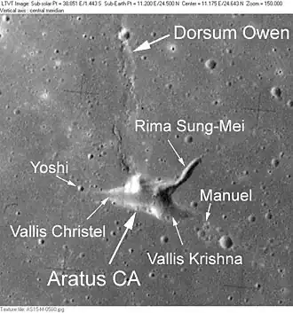 Aratus CA mit Nebenstrukturen und Dorsum Owen (Aufnahme Apollo 15)