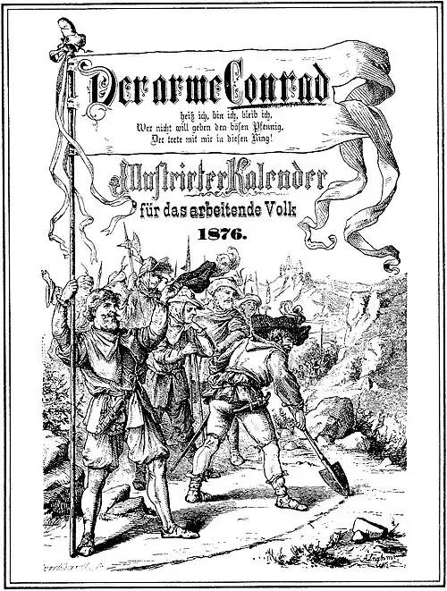 Titelblatt des ersten zentralen Arbeiterkalenders in Deutschland. Das Titelbild bezieht sich auf die Gründung des Bauernbundes (1514).