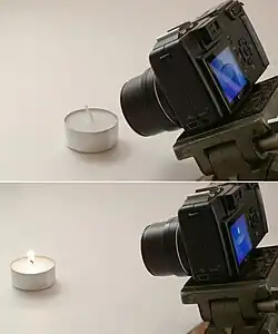 Unterschiedlicher Arbeitsabstand für den gleichen Abbildungsmaßstab bei kurzer und langer Brennweite