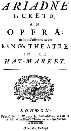 Georg Friedrich Händel – Arianna in Creta – Titelseite des Librettos – London 1734