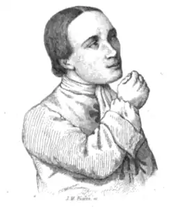 Reproduktion einer Radierung des Schauspielers Armand-Dailly. Die Radierung zeigt Armand-Dailly von der Taille aufwärts. Er trägt eine langärmelige Kleidung. Seine Hände sind vor der Brust ineinandergelegt, wobei die rechte Hand über der linken liegt. Die Darstellung ist detailliert und zeigt die Texturen der Kleidung sowie der Haare. Unter der Radierung befindet sich eine Signatur mit dem Text „J. M. Fugere sc.“.