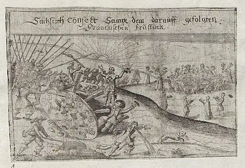 Motiv: "Sächsisch Confect Sampt dem darauff gefolgten Fränckischen Früstück" Karikatur zur Niederlage Tillys in der Schlacht von Breitenfeld und zu Gustav Adolfs Vorrücken gegen Mainz.