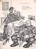 “We’re running short of Jews” (Uns werden die Juden knapp). Karikatur des amerikanischen Zeichners Arthur Szyk, 1943 (von links nach rechts Goebbels, Himmler, Hitler und Göring). Die Karikatur ist Szyks Mutter gewidmet, die in einem Ghetto der Nationalsozialisten im besetzten Polen umgekommen war.