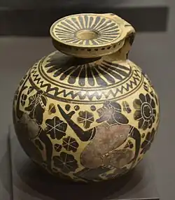 Zwei Aryballoi mit Reigentänzen von Dickbauchtänzern des Malers der New Yorker Komasten: links Namenvase im Metropolitan Museum of Art, Inventarnummer 06.1021.17; um 620/590 v.&nbsp;Chr.; rechts im Museo Arqueológico Nacional de España, Inventarnummer 1999/99/33; um 620/600 v.&nbsp;Chr.