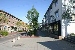 Foto einer Straße mit einem Gehweg und Bäumen an der Seite. An der Straße liegen mehrere Geschäfte.