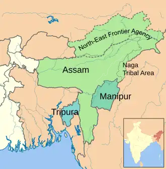  Der Bundesstaat Assam im Jahr 1951. Die North-East Frontier Agency und die Naga Tribal Area hatten einen Sonderstatus, waren jedoch formal Teil Assams (gestrichelt eingezeichnet das von der Volksrepublik China beanspruchte Territorium)