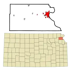 Lage von Atchison im Atchison County (oben) und in Kansas (unten)