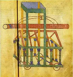 Athenaios, Peri mechanematon: Abbildung eines Rammbocks mit aufgehängtem Rammsporn in der Handschrift Paris, Bibliothèque Nationale, Graec. 2442, fol. 59v (11./12. Jahrhundert)