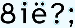 Die Schriftzeichen "8ië?;", mit Einkreisung aller Punkte.