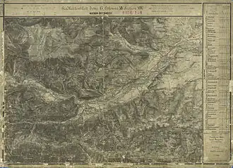 Niederösterreichische Seite, Bahn und Straße ausgebaut um 1873 (links unten)
