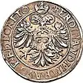 Freie Reichsstadt Augsburg, Guldentaler 1560, Vs.: Stadtpyr, Rs.: Doppeladler, Titel Kaiser Ferdinands&nbsp;I.[72]