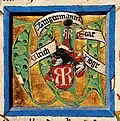 Initiale mit dem Wappen des Augsburger Stadtvogtes Ulrich Langenmantel vom RR. Augsburger Stadtbuch, 1447