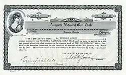 Aktie des Augusta National Golf Clubs, ausgegeben am 24. September 1945, ausgestellt auf L. Sherman Adams, im Original unterschrieben von Bobby Jones als Präsident