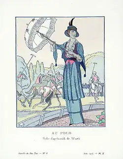 «&nbsp;Au polo. Robe d’après-midi de Worth.&nbsp;» („Beim Polo. Nachmittagsrobe.“) in La Gazette du bon ton, 1913