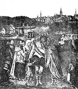 Nachdruck eines Ölgemäldes aus dem 16. Jahrhundert mit Darstellung des Heiligen Nikolaus von Myra am Klagesmarkt vor dem Alten St. Nikolai-Friedhof und der Stadtbefestigung Hannovers Fotolithografie der Aubeldruck-Anstalt aus August Juglers Buch Aus Hannovers Vorzeit