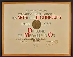 Auszeichnung Weltfachausstellung Paris 1937