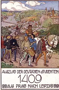 Auszug der deutschen Studenten aus Prag nach Leipzig, Postkarte um 1910