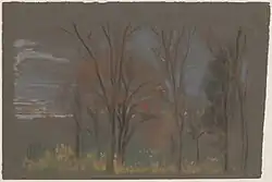 Autumn Woods, Pastellkreide auf dunkelbraunem Velinpapier (18,4 × 27,8 cm)