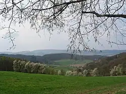 Blick von Böllstein (Wallbrunn) nach Westen: über Gneis-Hügel (rechts: Schnellerts, links: Eichberg-Rücken) und das Gesprenztal zum Flasergranitoid-Höhenzug Neunkircher-Höhe - Nonrod
