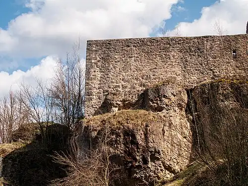 Mauerreste der Burg Burgruine Bärnfels. Analoge SW-Fotografie (2024)