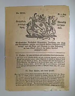 Ältestes im Stadtarchiv Worms aufbewahrtes Exemplar der Zeitung vom 8. August 1776