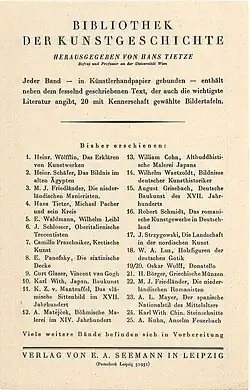 H. Wölfflin: Das Erklären von Kunstwerken (B.D.K. 1) - Werbeseite für die Reihe; Werbeblatt mit Verzeichnis der Bände 1-25