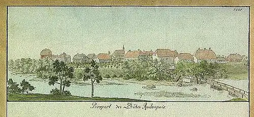 Blick vom Burghügel über die Große Jägel auf den Gutshof (1801).