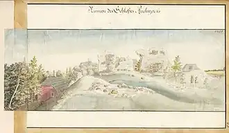 Blick auf die Burgruine über die Große Jägel (1801).